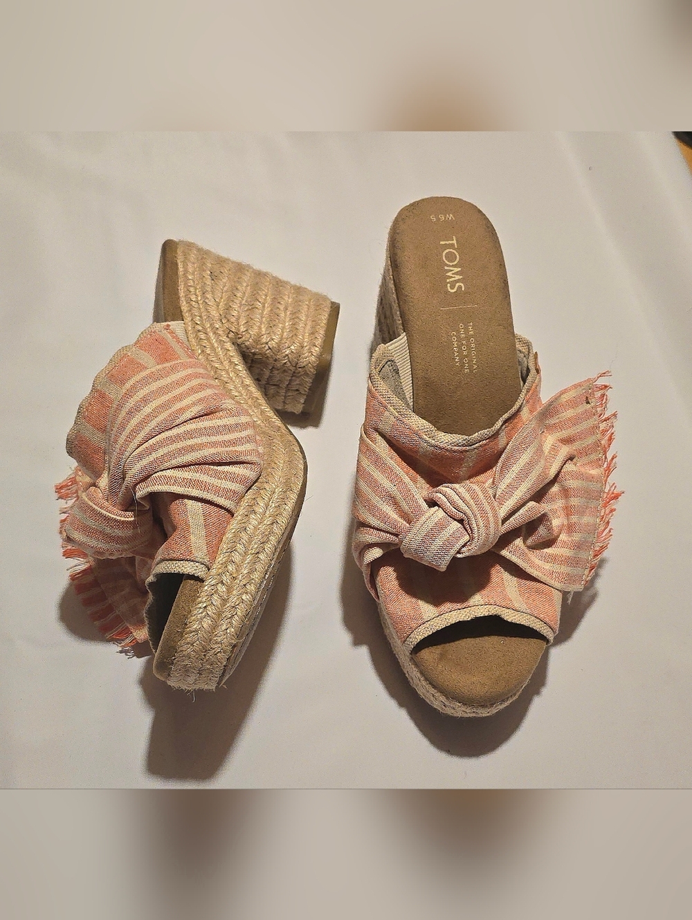 TOMS Sz 6.5 Melon and White Striped Knot Espadrille Mules
